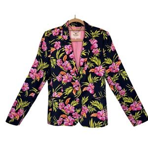 Juicy Couture Blazer Womens 14 Navy Pink Floral Jacket Pleated Back Bright Print